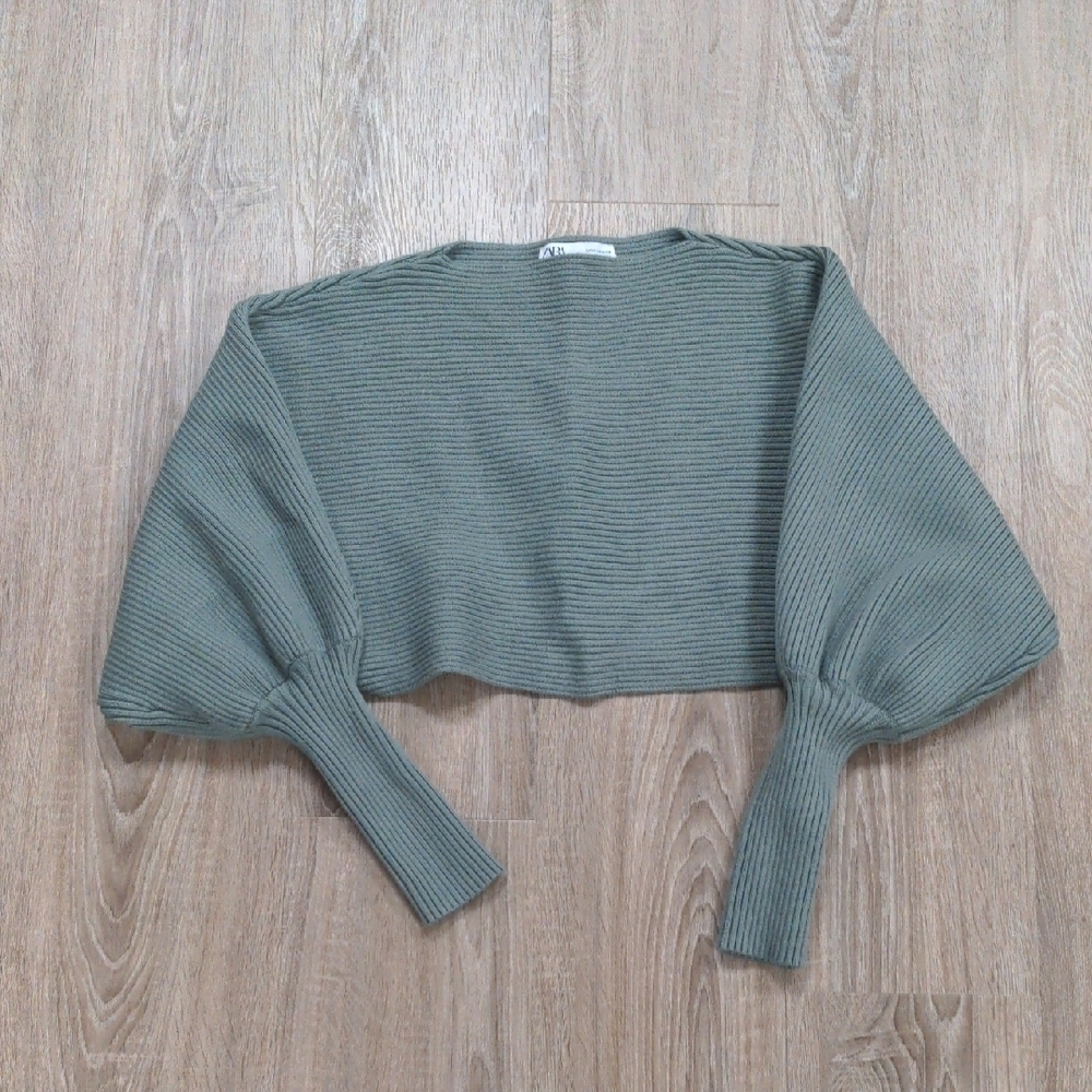 Zara Cropped Oversized Ribbed Knit Top in Green